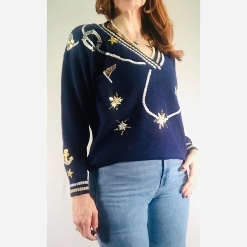 80’s Vintage ‘Joyce’ Nautical Theme Embellished V-Neck Sweater